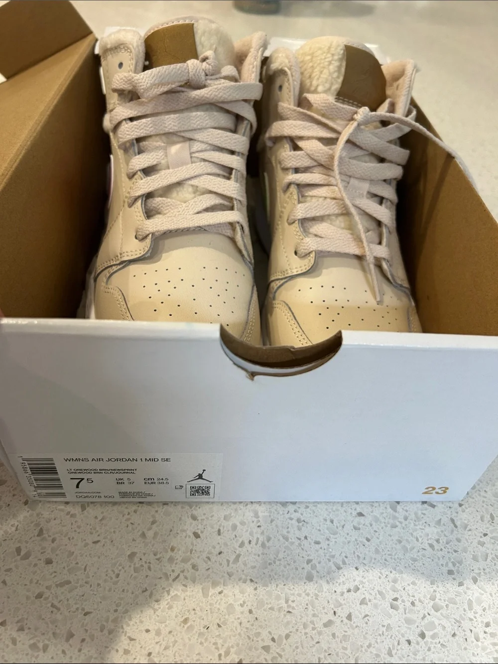 Jordan Women’s High-Top Sneakers in Light Beige with Shearling Collar